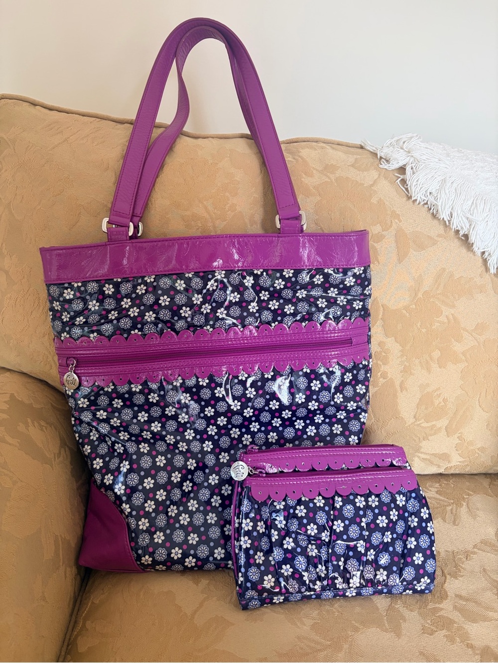 Vera Bradley Purple Floral Tote with Matching Pouch - Women Bags